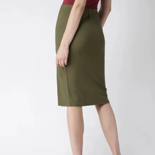 Forever 21 Womens S Midi Pencil Skirt Olive Green Stretch Side Slit - Image 3