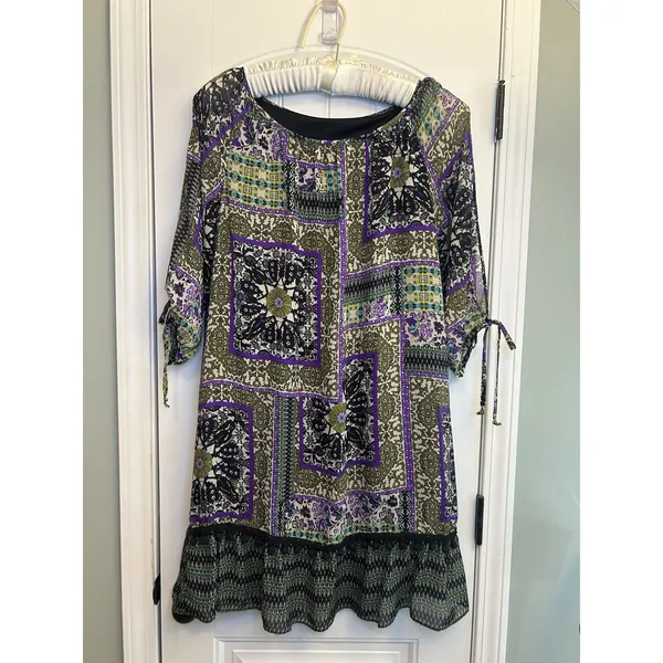 Women’s XL Purple Olive Patchwork Print Tunic Dress Ruffle Hem Tie Sleeves Boho - Image 13