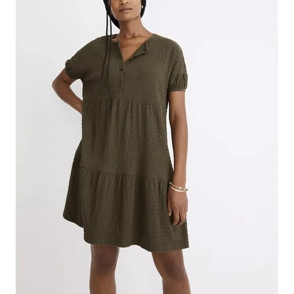 Madewell Olive Tiered Mini Dress Size S‎ Oversized Fits M/L Relaxed Crinkle NWT - Image 2