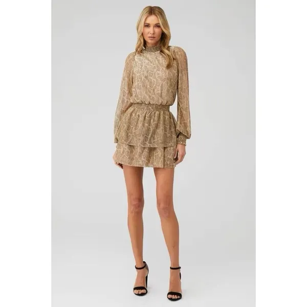 SHOW ME YOUR MUMU Russo Python Gold Shimmer Tiered Ruffle Mini Dress Sz S - Image 3
