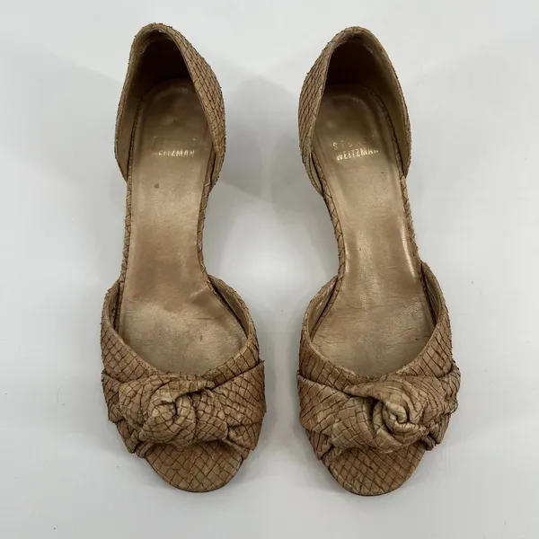 Stuart Weitzman tan snake-embossed leather D'Orsay kitten heels knotted vamp 6.5 - Image 9