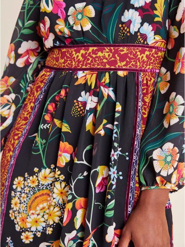 ANTHROPOLOGIE Adair Velvet Trimmed Midi Dress in Black Floral Pattern‎ size 0 - Image 4