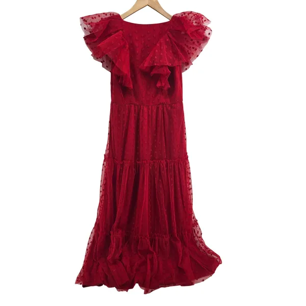Tuckernuck Maxi Dress Womens S Swiss Dot Red Ruffle Tiered NEW - Image 3