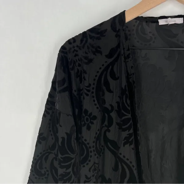 Maurices Black Sheer Floral Burnout Velvet Chiffon Lace Trim Open Front Cardigan - Image 2