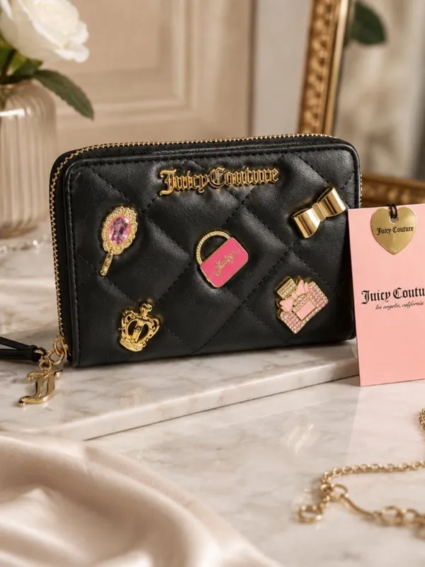 Juicy Couture Black Quilted Zip Wallet Gold Logo Charm Wristlet Y2K - Image 2