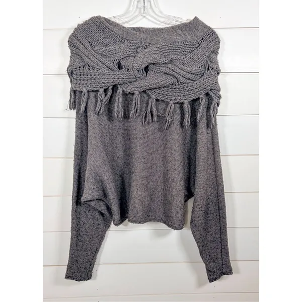 BCBGMaxAzria Women's Fringe Cable Cowl Pullover Sweater Heather Gray Size XS - Image 9