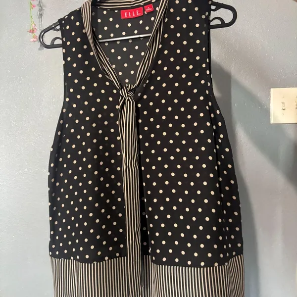 ELLE Black Polka Dot Sleeveless Tie-Neck Blouse - Image 4