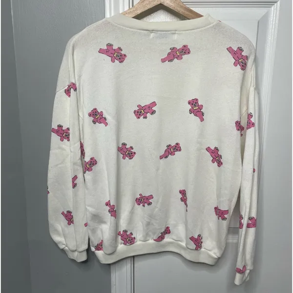 Pink Teddy Bear Vintage White Crewneck Lightweight Long Sleeve Sweater Small / S - Image 3