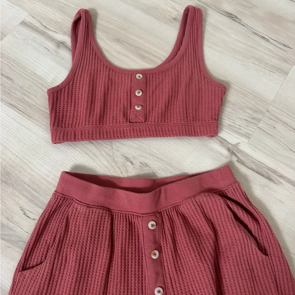 Old Navy Ribbed Button-Front Crop Top & Joggers Set - Rose - Image 2