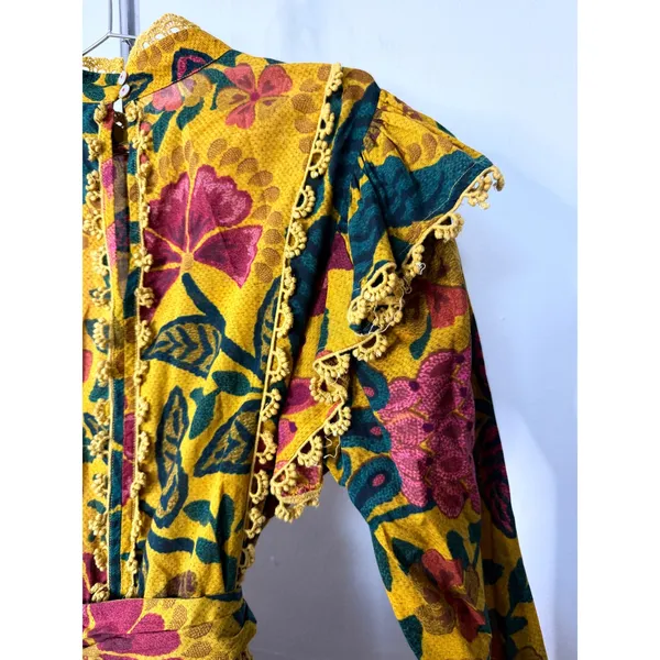 Farm Rio Mini Dress Yellow Floral Ruffle Pom Pom Trim Mock Neck Belted - Image 7