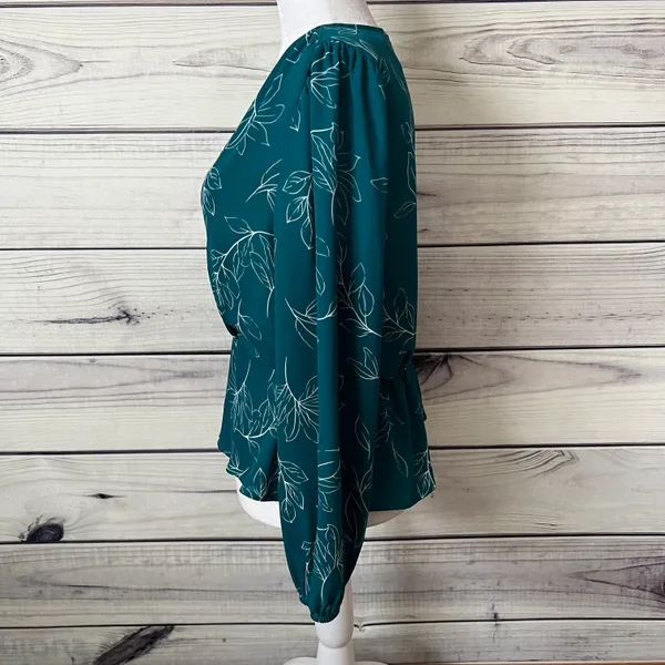 Lush Teal Floral Long Sleeve Peplum V Neck Wrap Blouse - Image 4