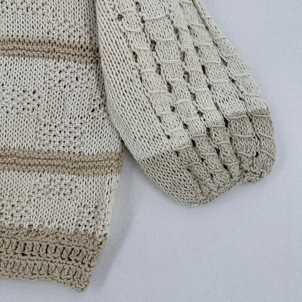 Handmade Crochet Knit Sweater Women Ivory Beige Balloon Sleeve Boho Coastal Chic - Image 7