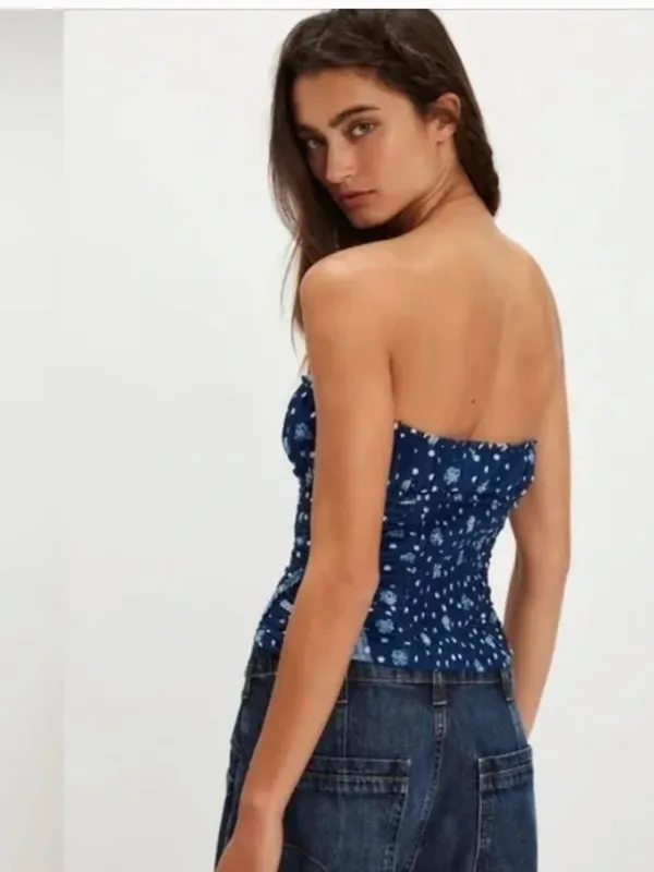 NWOT Free People Scottie Printed Cropped Shirred Mesh Navy Tube Top Smocked - Image 3