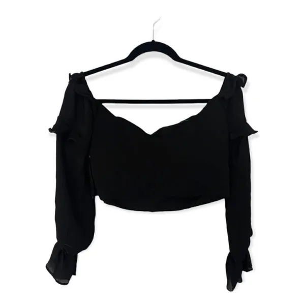 Tiger Mist Black Ruffle Long Sleeve Cropped Blouse Size L Off Shoulder Top - Image 3