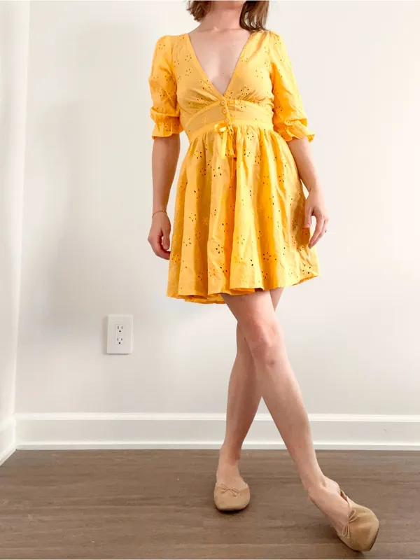 For Love & Lemons Yellow Eyelet V-Neck Mini Dress - Image 2