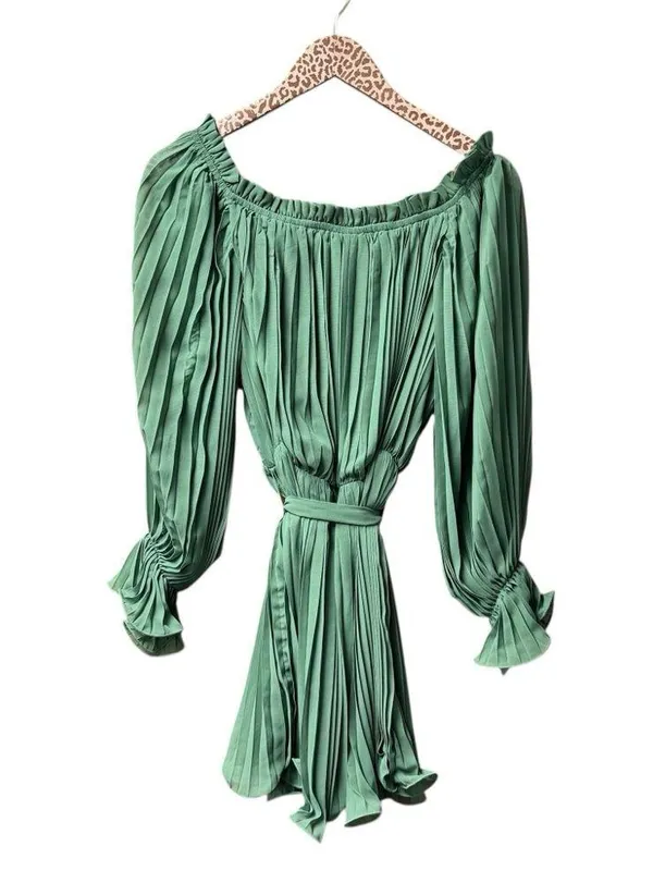 NEW Baltic Born Aubrey Off the Shoulder Pleated Mini Dress Green Large L NWT - Image 6