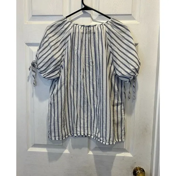 Universal‎ Thread Blue White Striped Cotton Button Down Puff Sleeve Blouse Large - Image 5