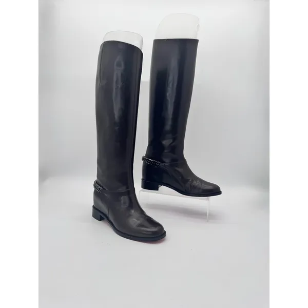 Christian Louboutin Cate Dark Brown Leather Riding Boots Chain Link EU 36 - Image 10