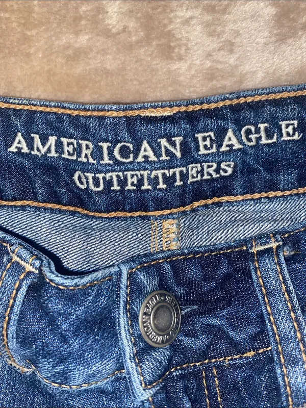 American Eagle Outfitters Dark Blue Distressed Denim Shorts with Lace Inset - Image 2