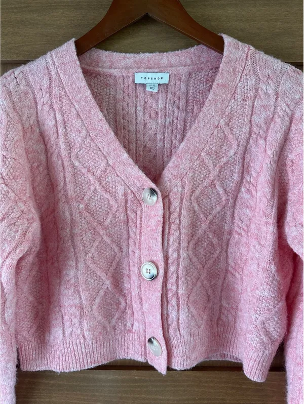 Topshop Wool Blend Cable Knit Crop Button Front Cardigan Pink Women’s XS - Image 5