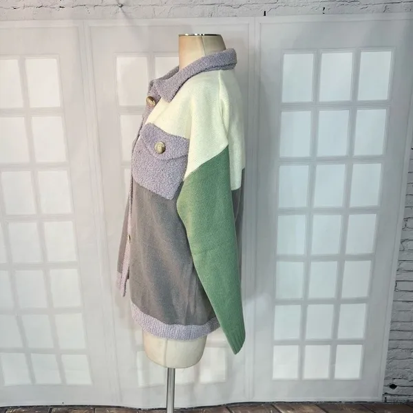 Pink Lily Multicolor Collared Button Down Colorblock Cardigan Sweater Sz Small - Image 6