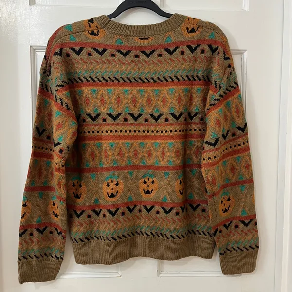 ROMWE Pumpkin Halloween Sweater Womens S Relaxed Fit Brown Fair Isle Spooky Fall - Image 3