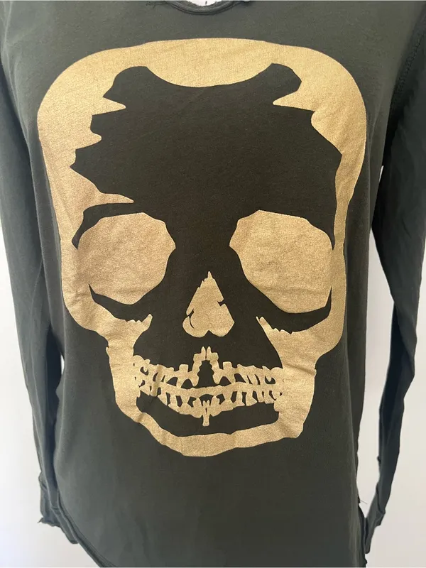 Zadig & Voltaire Olive Green Long Sleeve Tee with Gold Skull Motif - Image 3