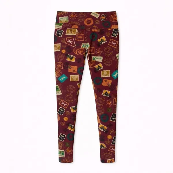 LuLaRoe Leggings One Size Burgundy Travel Stamp Print Buttery Soft Stretch Pants - Image 2