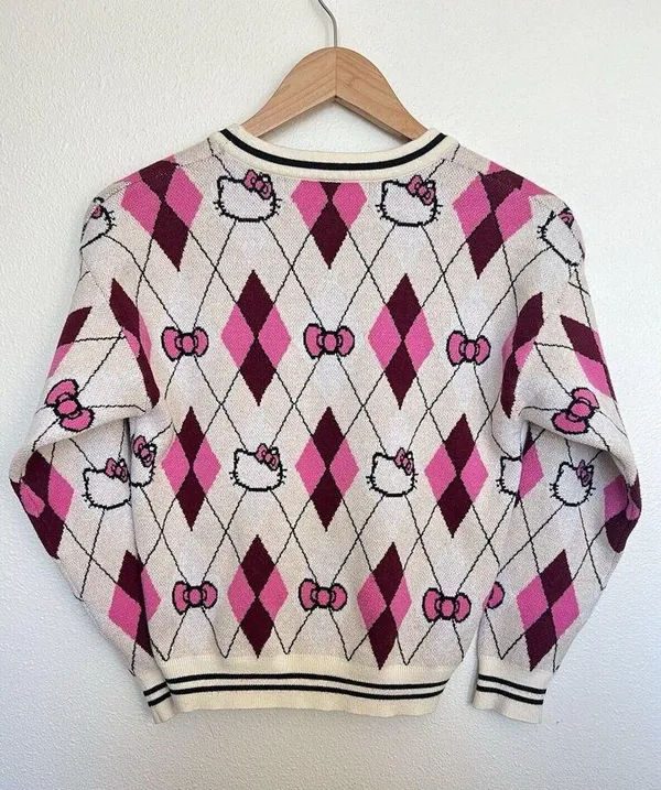 Hello Kitty Argyle Knit Cardigan Sweater Pink Burgundy Preppy Coquette Mall Y2K - Image 4