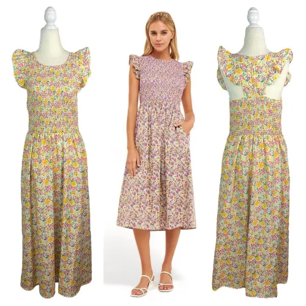 Anthropologie Cool Mode Ditsy Floral Smocked Bodice Midi Dress - Size L | Large - Image 11
