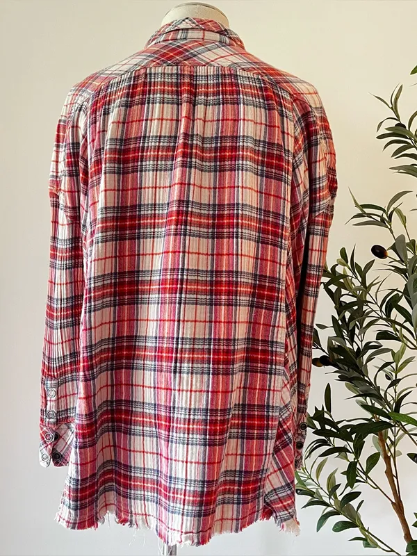 Free People Red Plaid Button-Up Shirt Cotton Gauze crinkle - Image 4