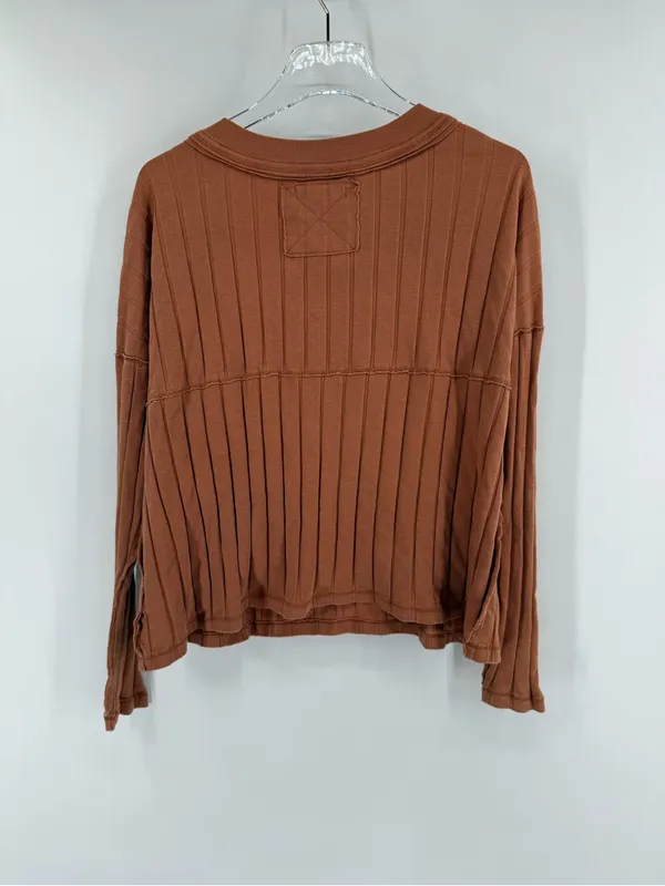 Free People We The Free In the Mix Henley Ribbed Long Sleeve Shirt‎ Orange XS - Image 3