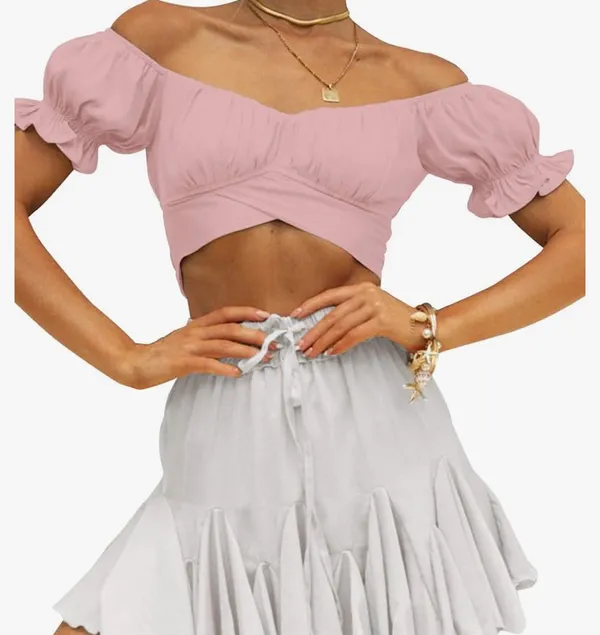 Lyaner Ruffle Short Sleeve Tie Up Back Crop Top Off Shoulder Bardot Blouse - Image 6