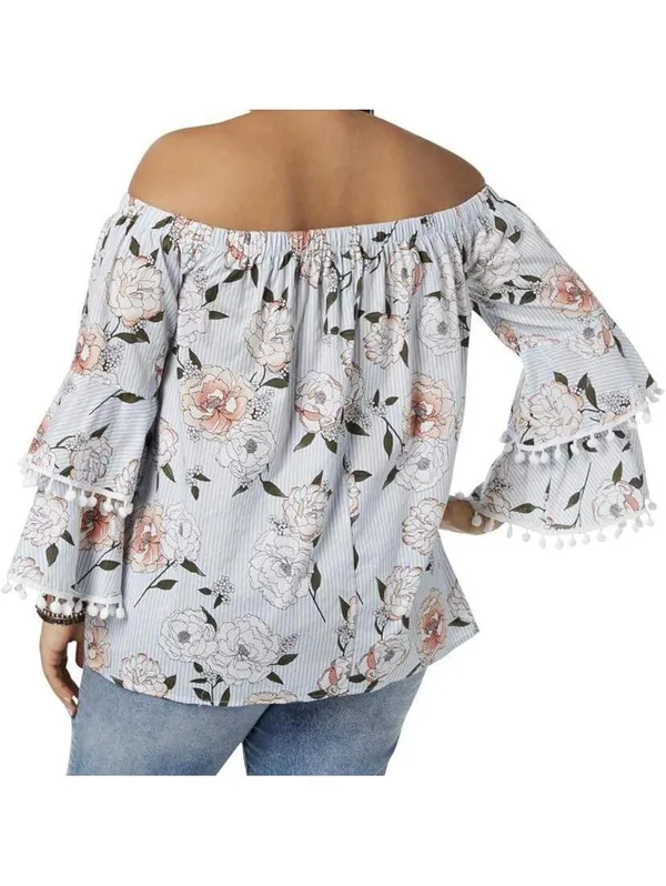 No Comment Striped Peony Off Shoulder Pom Pom Bell Sleeve Blouse Plus Size 1X - Image 2