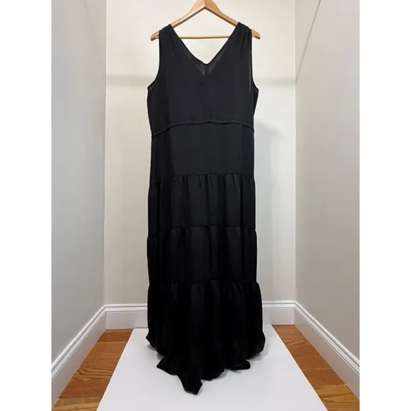 DKNY Black Tie Waist Tiered Maxi Dress Sz L NWT - Image 2
