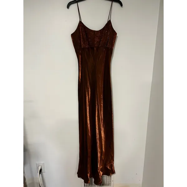 Chelsea Nites Copper Bronze Metallic Maxi Dress Spaghetti Strap Vintage 90s 12 - Image 6