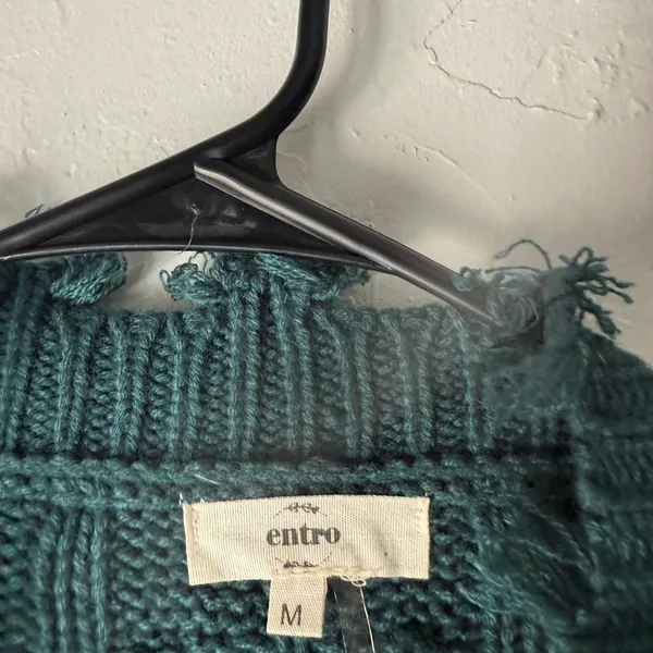 Entro Womens M Green Cable Knit V Neck Distressed Fringe‎ Sweater Boho Western - Image 4
