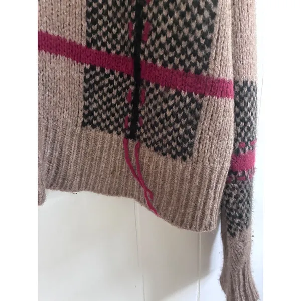 360 Cashmere Merino Wool Plaid Sweater Taupe Black Magenta Large L26 P24 - Image 3