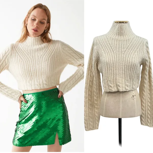 & Other Stories Cable Knit Sweater‎ Cropped Wool Blend Cream Ivory Size Small - Image 2