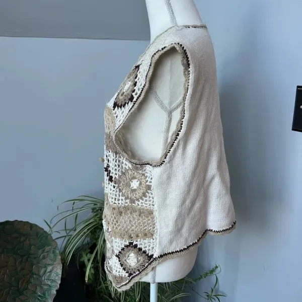 Crochet Button Up Sweater Vest‎ Cream Tan Brown Bohemian Festival Large - Image 3