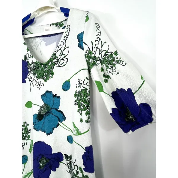 Anthropologie Deletta Haru Size Medium Floral Tunic Top Blue Green Puff Sleeve - Image 5