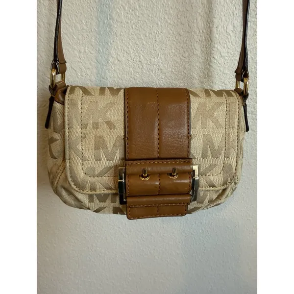 Michael Kors Small Signature Series Crossbody Tan Logo‎ Canvas Brown Leather - Image 2