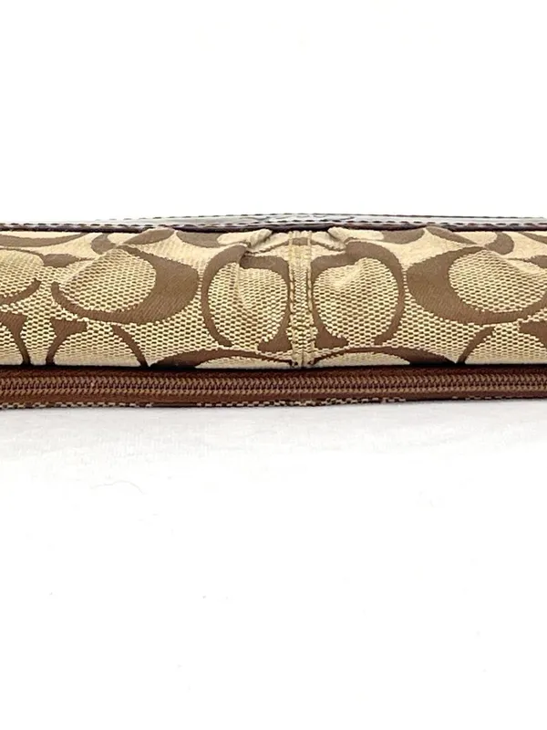 Coach Signature Canvas Khaki Jacquard Brown Leather Trifold Snap Closure Wallet - Image 7