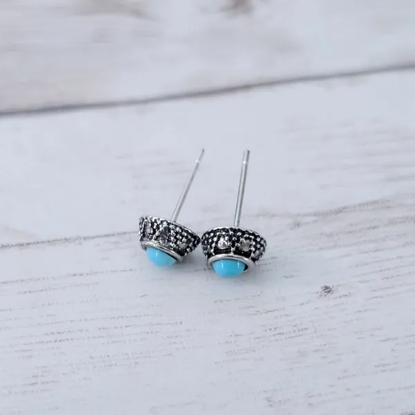 Stud Earrings Turquoise Tone with Silver Tone Halo 0.25" Dainty Stud Earrings - Image 2