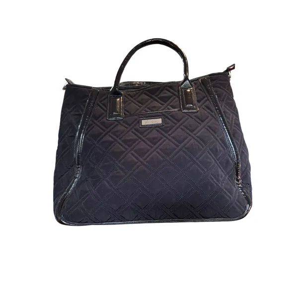 Vera Bradley Black Quilted Microfiber Tote‎ Bag Patent Trim Colorful Leaf Lining - Image 8