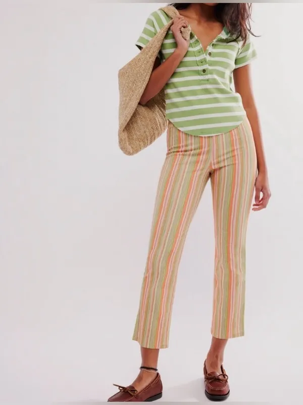 NWOT Free People In My Feelings Stripe Slim Flare Crop Pants - green combo - S - Image 3