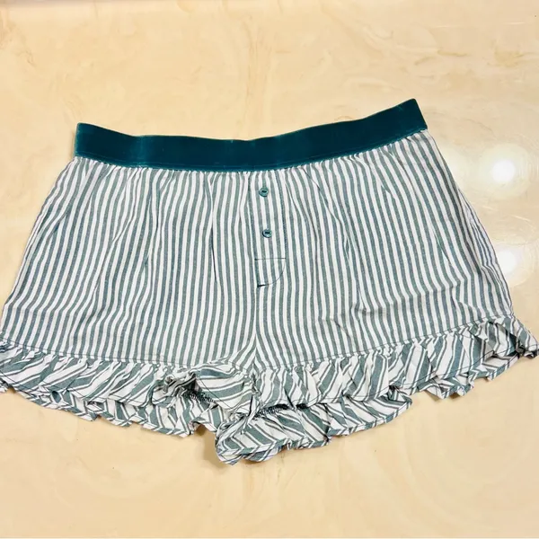 VS PINK Velvet Trim Ruffle Pajama Shorts Deep Forest Green & White Stripes SMALL - Image 8