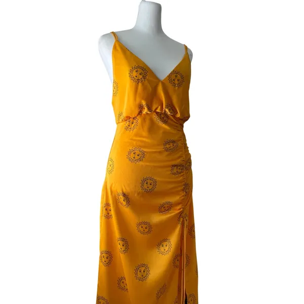 Urban Outfitters Golden Sun Print Deep V-Neck Sleeveless Ruched Slip Midi Dress - Image 6
