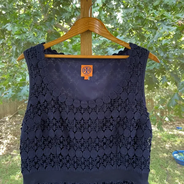 Tory Burch Women's Navy Blue Geometric Lace Overlay Sheath Dress Size 14 - Image 3