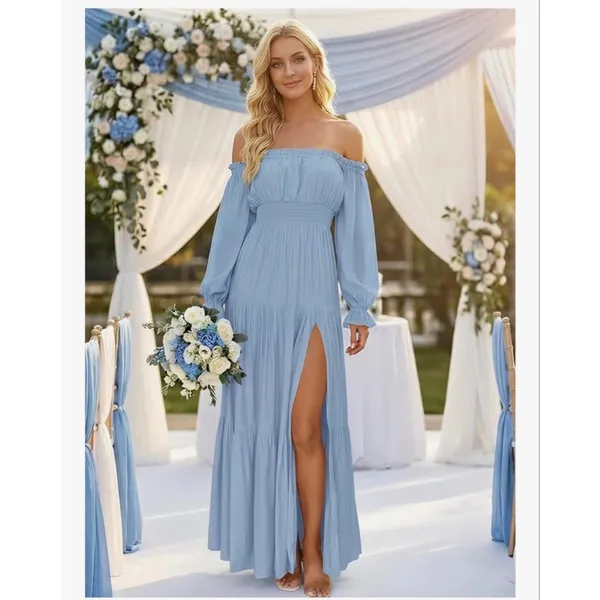 NEW Blue Off Shoulder Split Flowy Wedding Guest Maxi Dress M 8/10 - Image 4